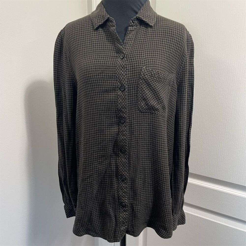 Beachlunchlounge Women Size S Black & Green Check Flannel Button-Up Long Sleeve